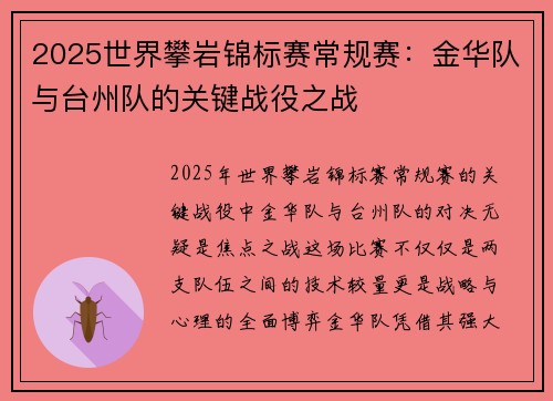 2025世界攀岩锦标赛常规赛：金华队与台州队的关键战役之战